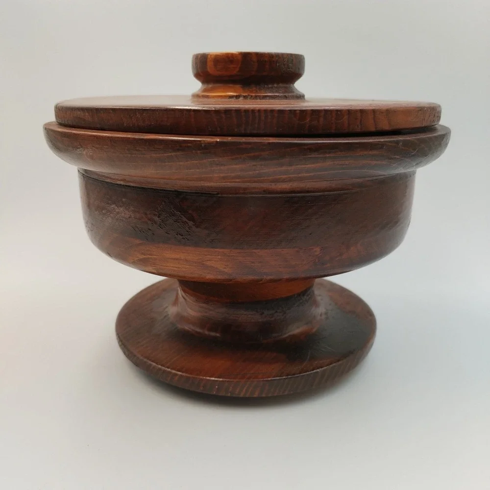 Vintage Hand Turned Wood Lidded Pedestal Bowl Artisan Signed 